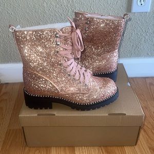 Pink sparkly lace up Portland boots